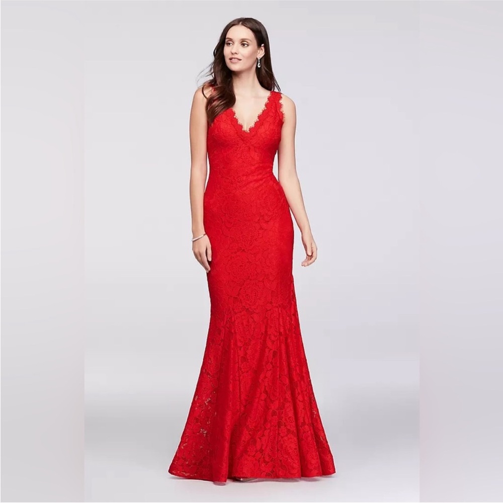 Betsy & Adam Vibrant Red Lace Prom Dress